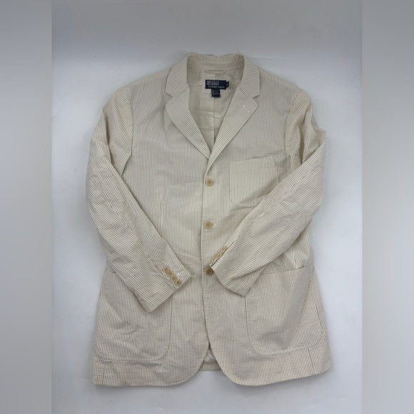 Polo Ralph Lauren  Men’s Seersucker Suit Large Blazer & Pants Striped Tan 36/30 - Picture 6 of 16